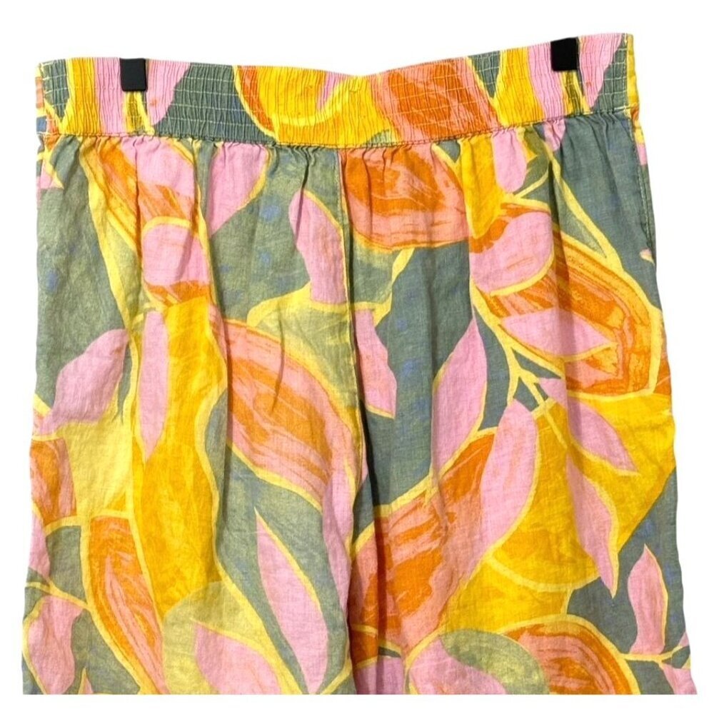 Women's Wide-Leg Printed Linen Pants - Pink & Yellow Leaf Print - Picture 5 of 8